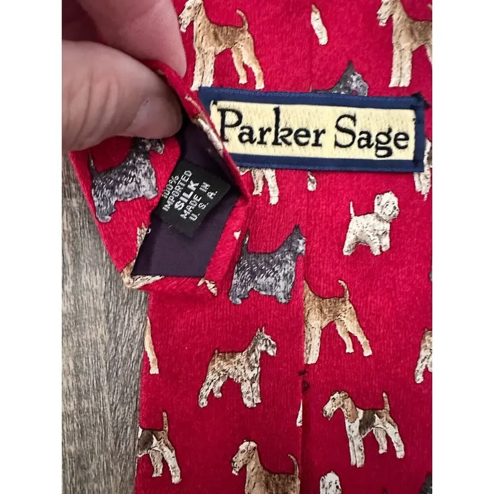 Parker Sage Men's Red 100% Silk Dog mini schnauzer terrier Pattern Neck Tie